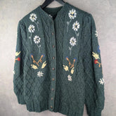 Hand Knitted Jumper Womens XL Extra Large Green Floral Cardigan